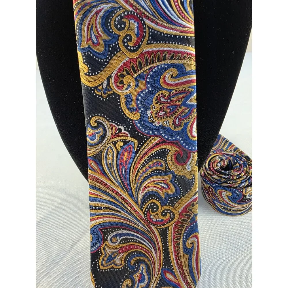 Classic Vintage Men's Tie Bright Paisley Blue Gold 100% Silk Jacquard Woven